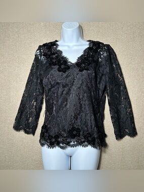 Victor Costa Lace Blouse Womens 10 Black Applique Elegant Evening Holiday Lined